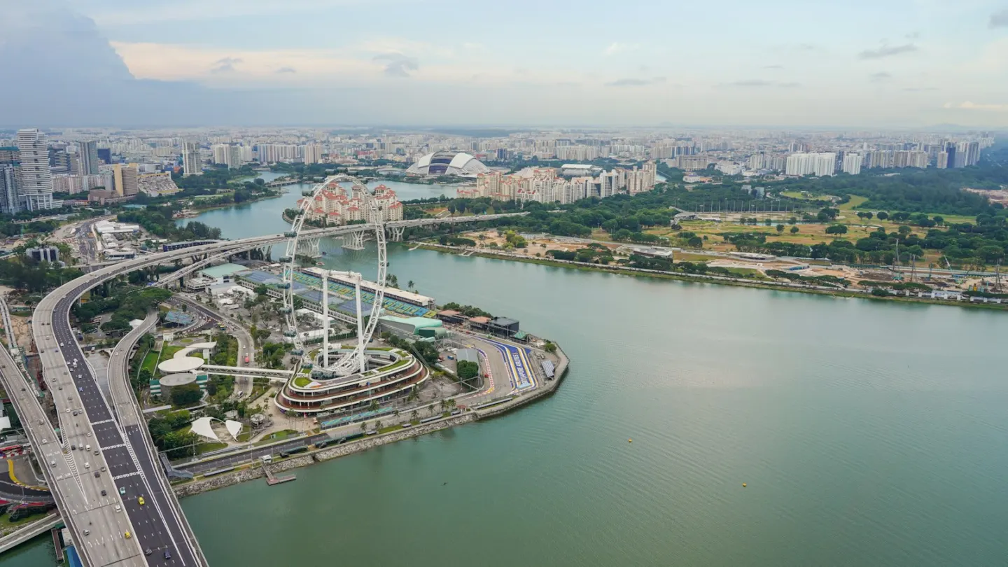 An aerial view of a bridge over a large body of water
