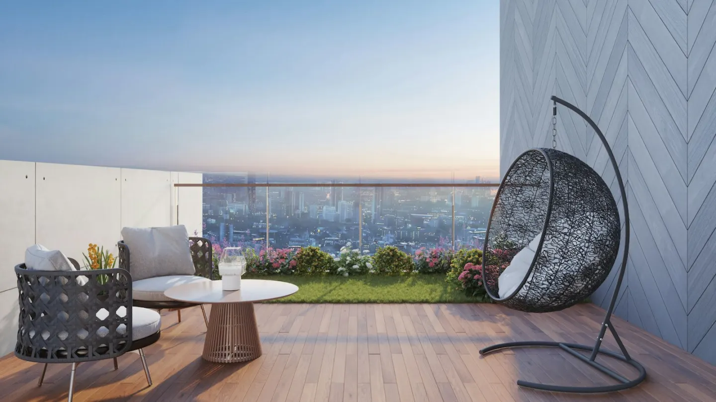 Modern balcony with city view and hanging chair
